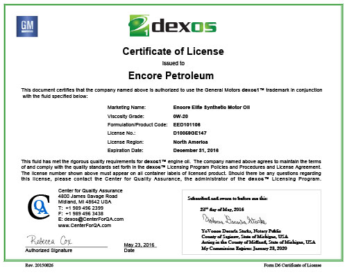 Dexos 0W-20 Certificate